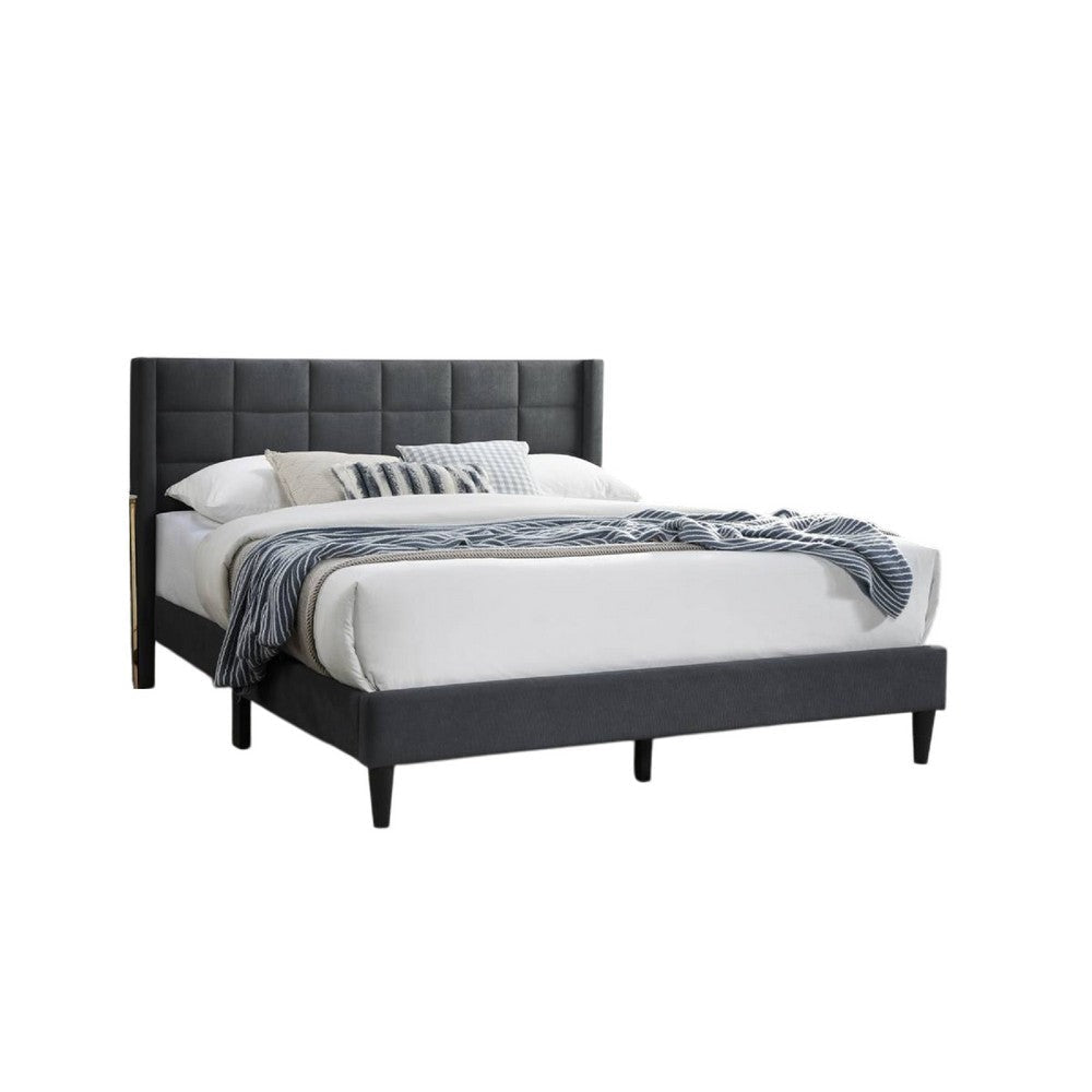 Meno Queen Size Bed Square Stitched Charcoal Gray Linen Upholstery