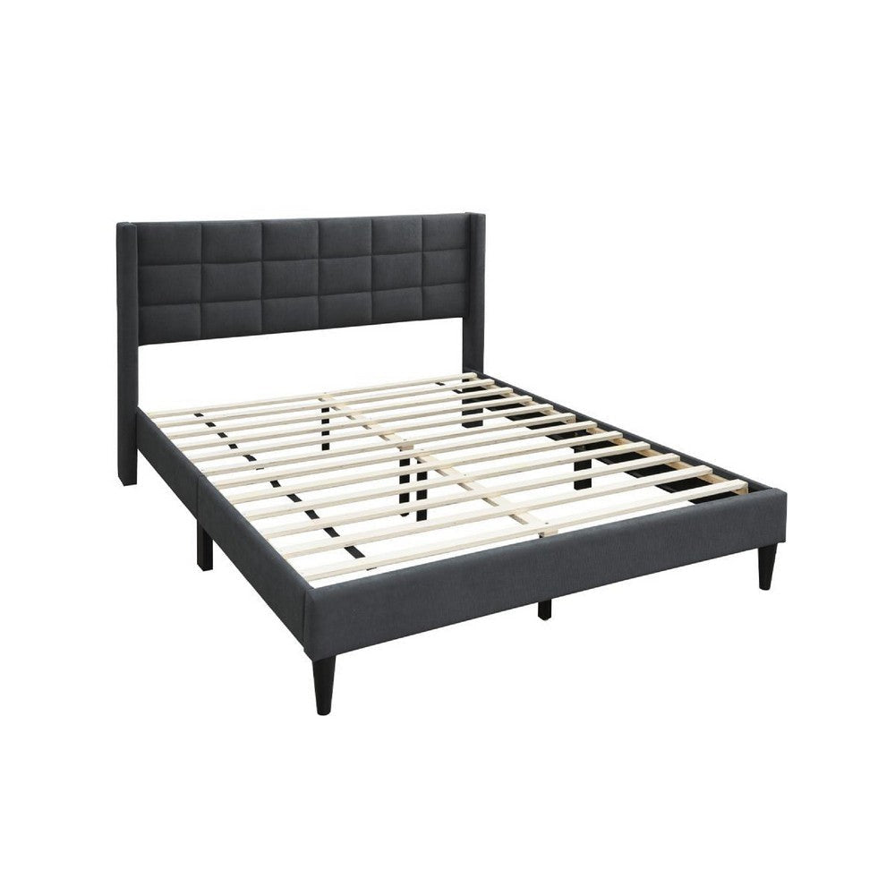 Meno Queen Size Bed Square Stitched Charcoal Gray Linen Upholstery