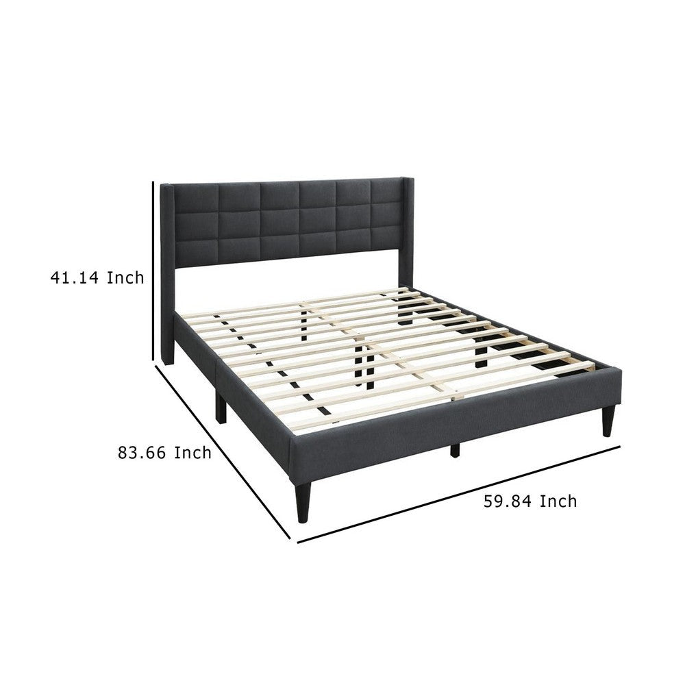 Meno Queen Size Bed Square Stitched Charcoal Gray Linen Upholstery