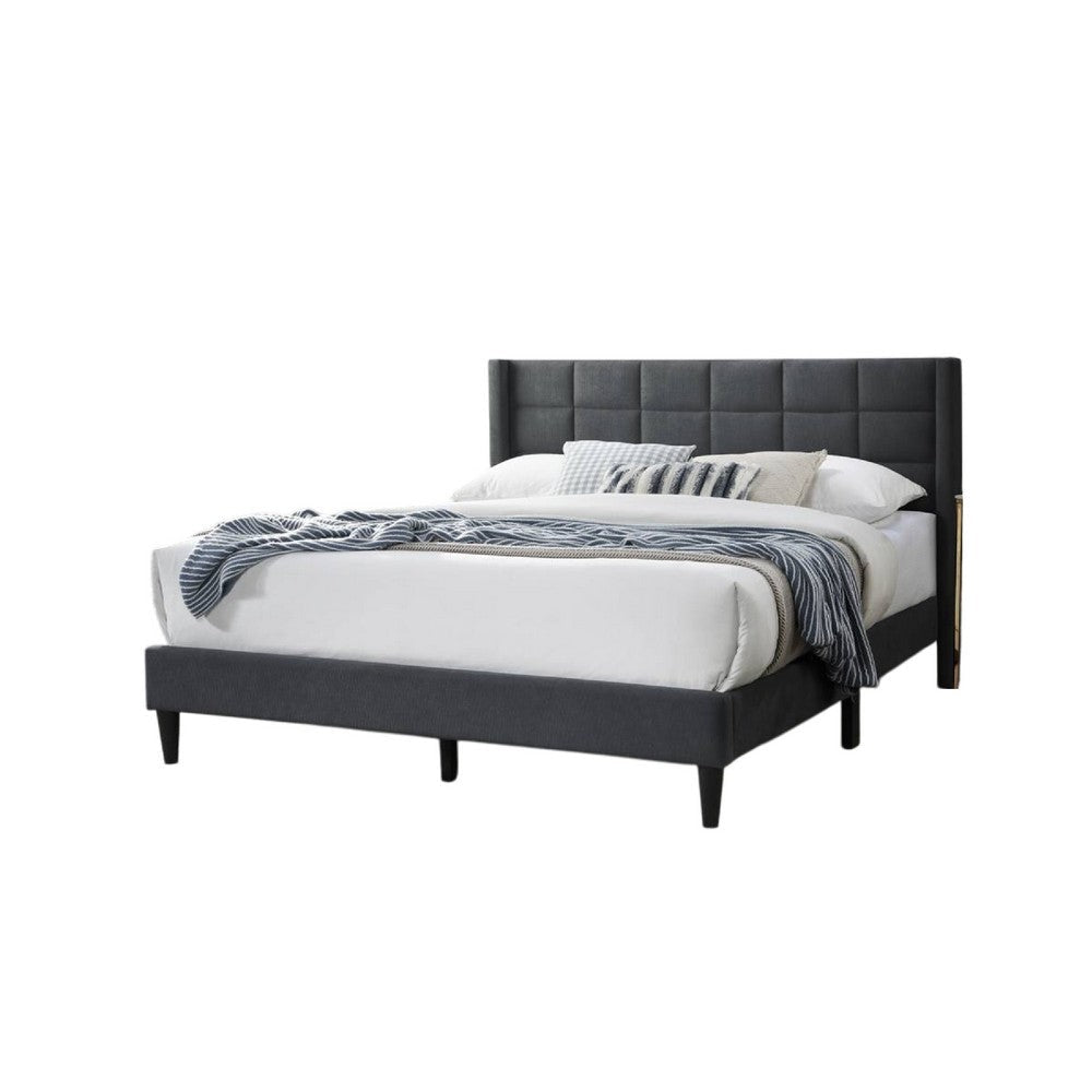 Meno Queen Size Bed, Square Stitched Charcoal Gray Linen Upholstery