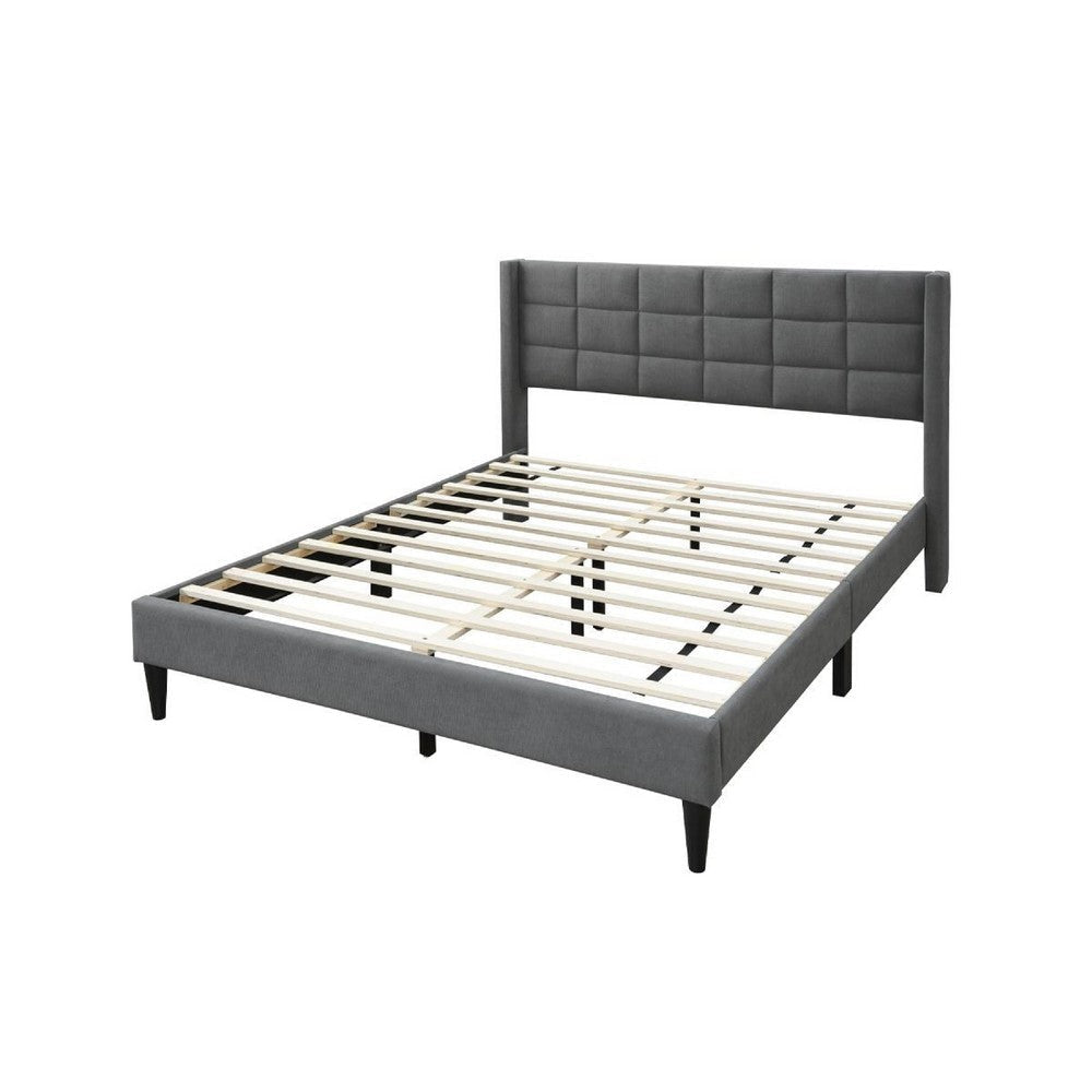 Meno Queen Size Bed Square Stitched Slate Gray Linen Upholstery