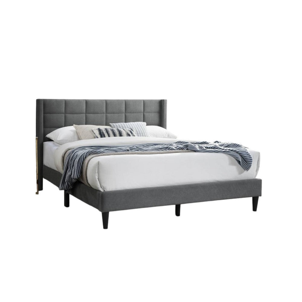 Meno Queen Size Bed Square Stitched Slate Gray Linen Upholstery