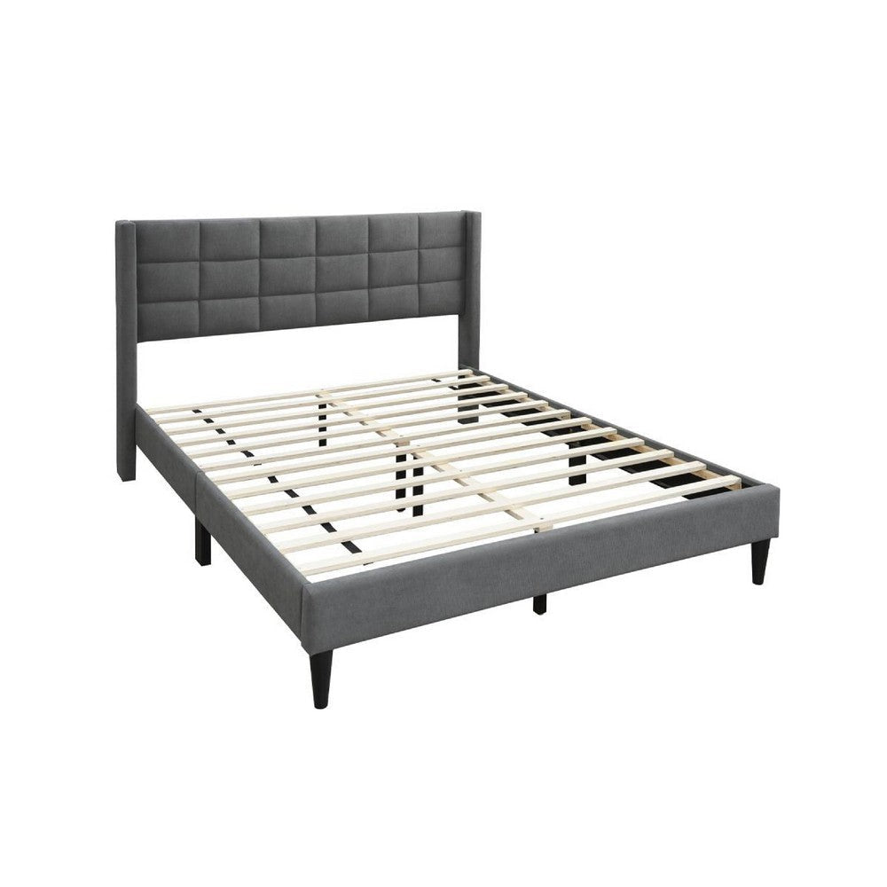 Meno Queen Size Bed Square Stitched Slate Gray Linen Upholstery
