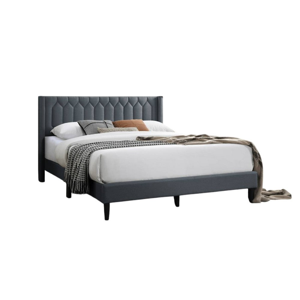 Jeo Queen Size Bed Geometric Stitched Charcoal Gray Burlap Upholstery