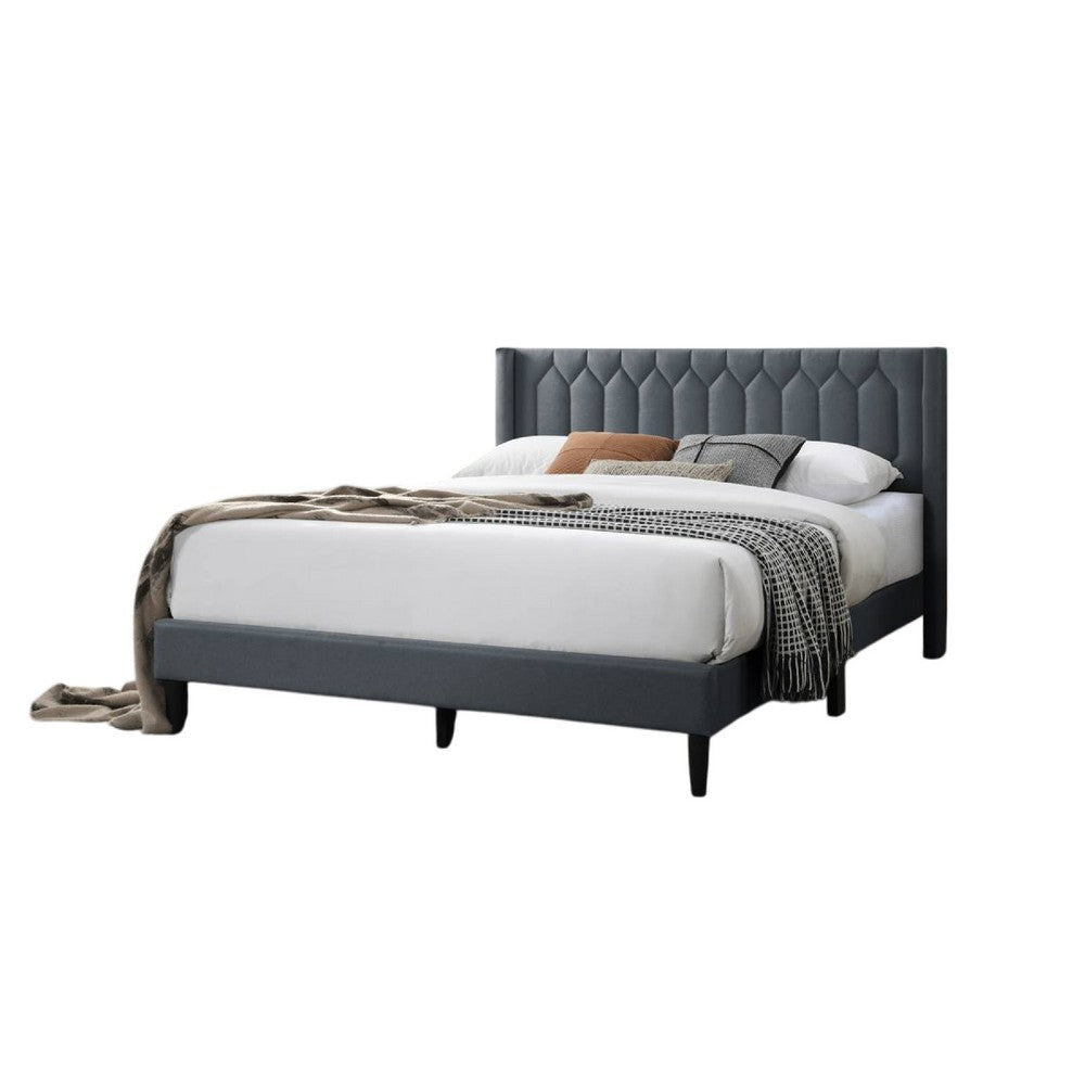 Jeo Queen Size Bed, Geometric Stitched Charcoal Gray Burlap Upholstery