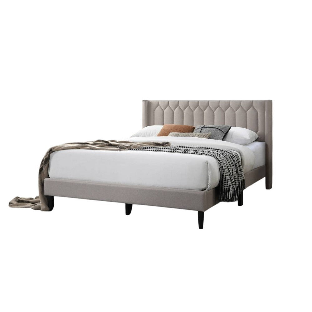 Jeo Queen Size Bed, Geometric Stitched Light Brown Burlap Upholstery