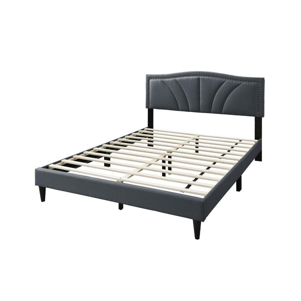 Reo Queen Size Bed Charcoal Gray Burlap Upholstered Curved Headboard