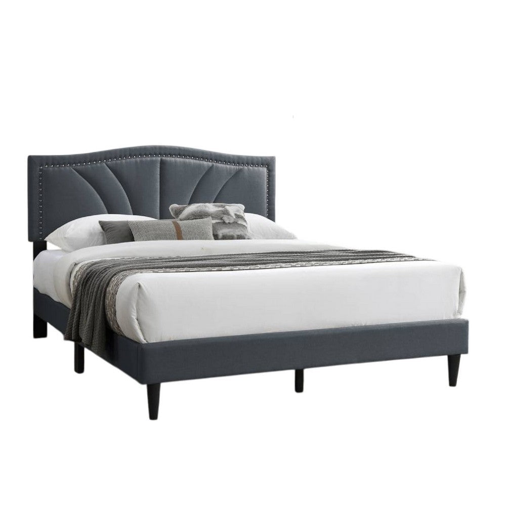 Reo Queen Size Bed Charcoal Gray Burlap Upholstered Curved Headboard