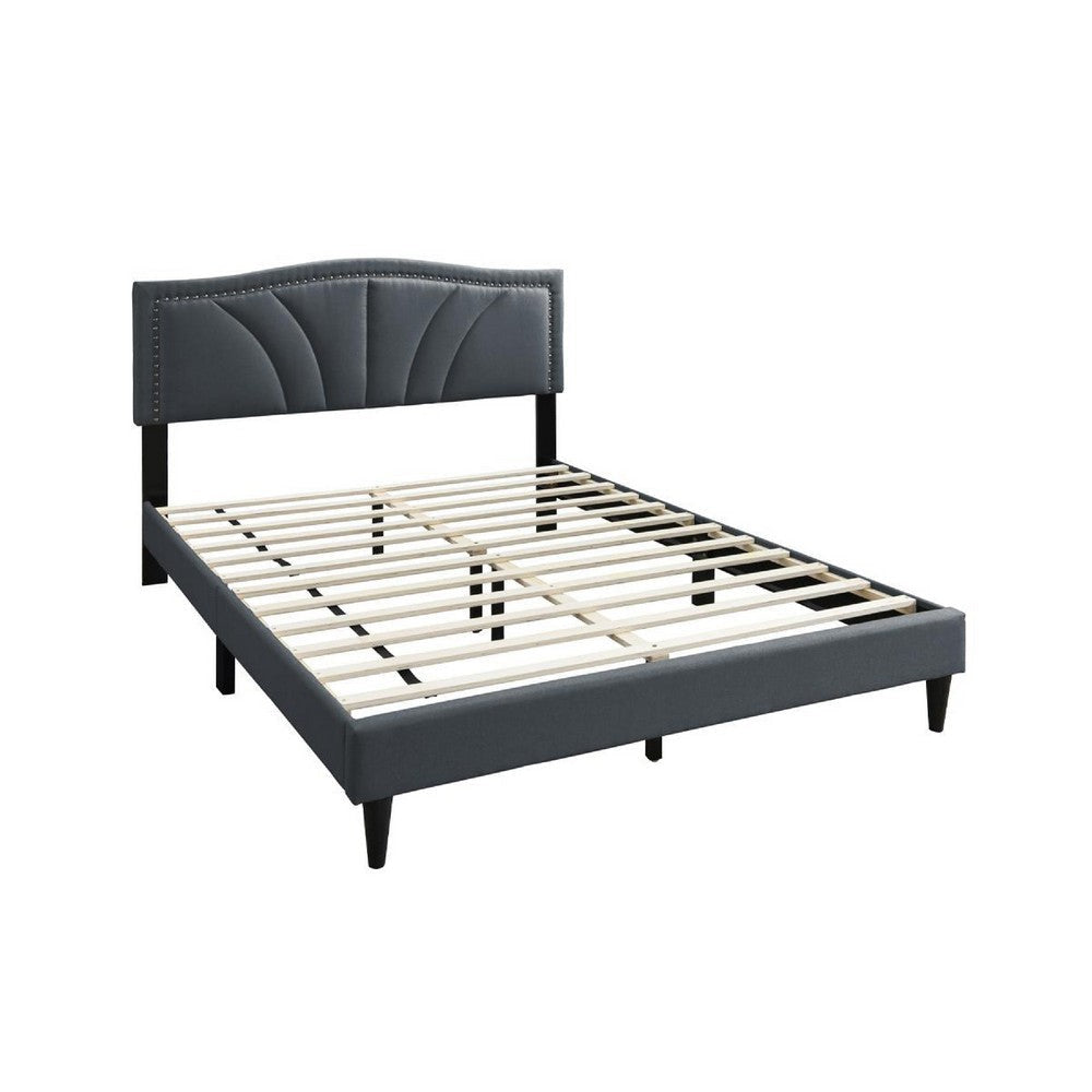Reo Queen Size Bed Charcoal Gray Burlap Upholstered Curved Headboard
