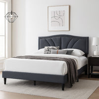 Reo Queen Size Bed, Charcoal Gray Burlap Upholstered Curved Headboard