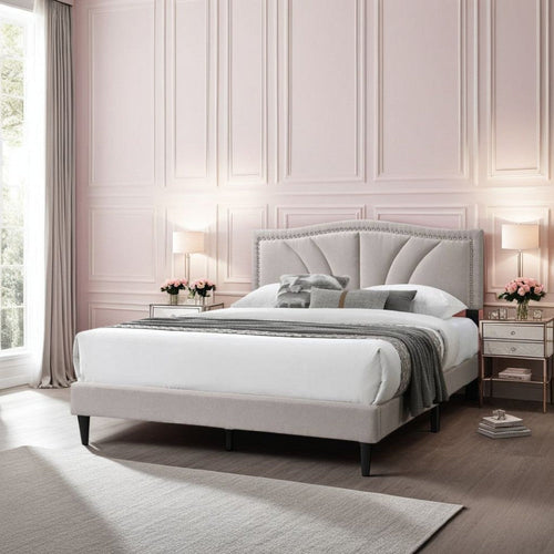 Reo Queen Size Bed, Light Brown Burlap Upholstered Curved Headboard