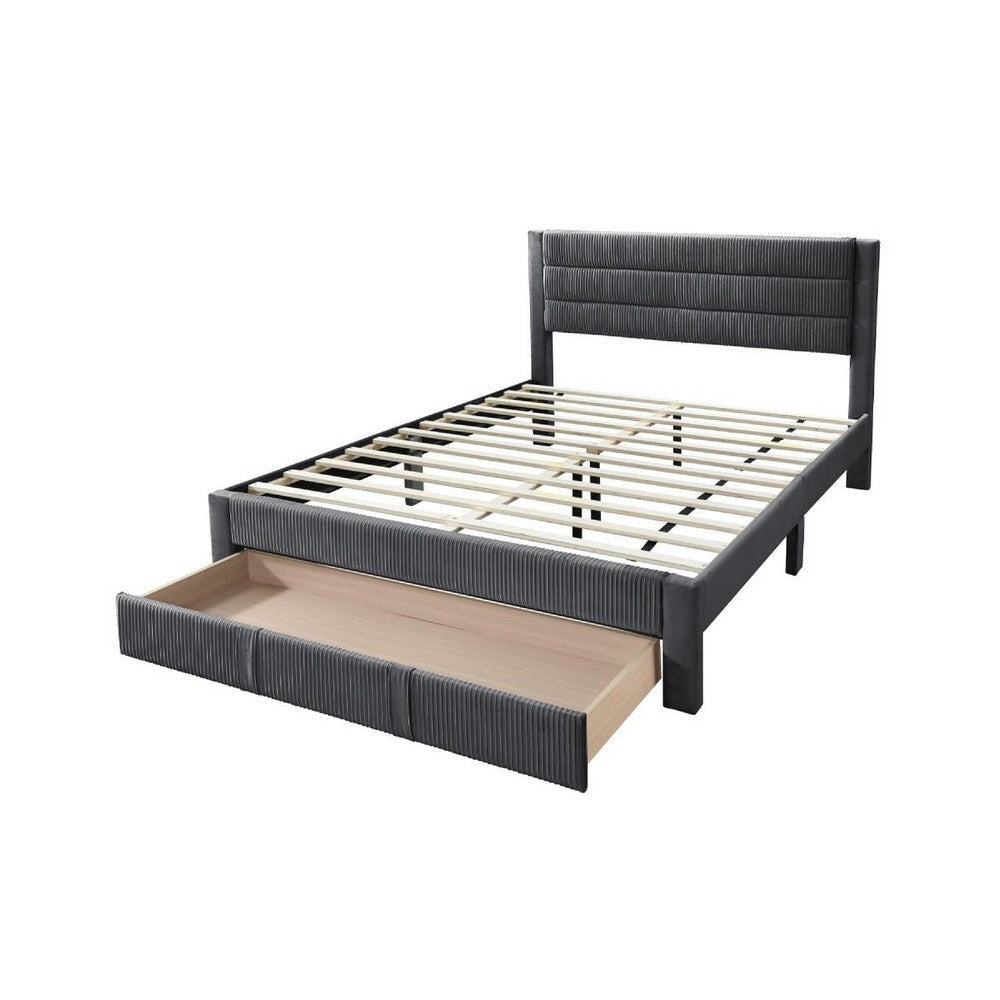 Heo Queen Size Bed w Storage Drawer Dark Gray Corduroy Upholstery