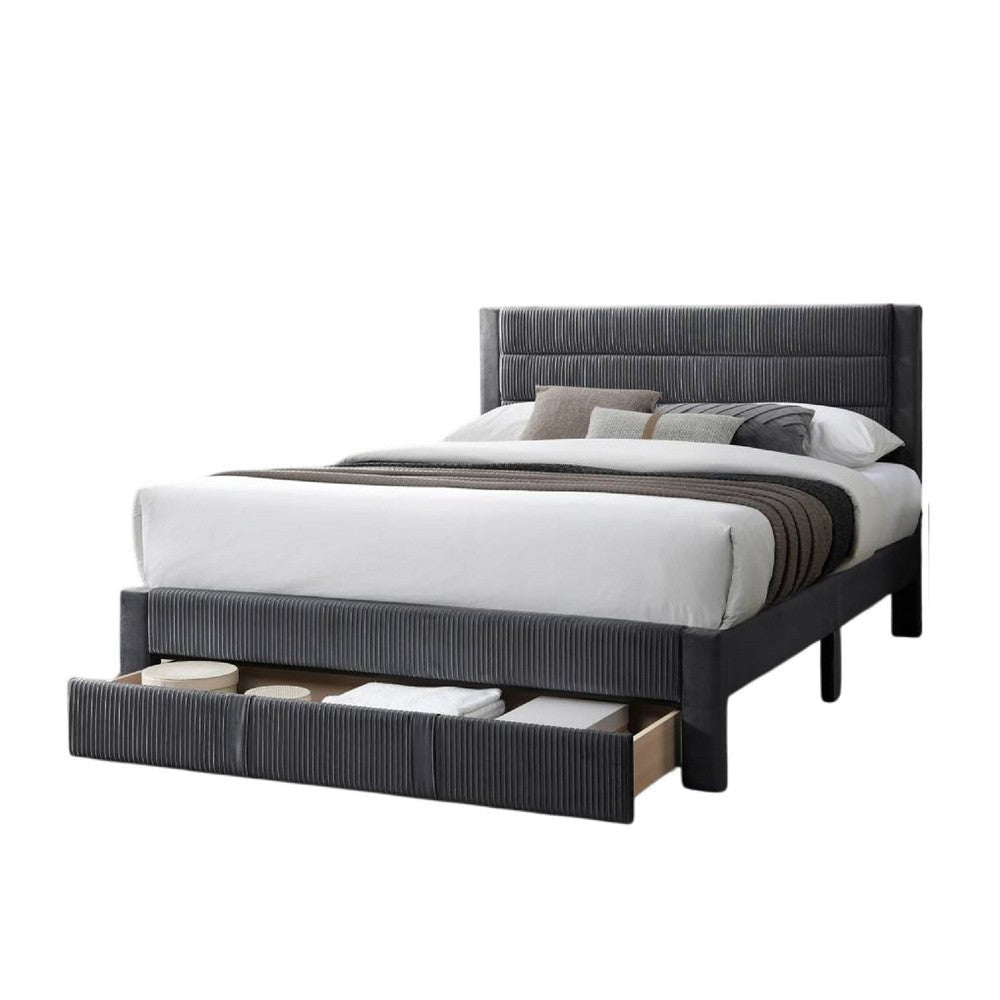 Heo Queen Size Bed w Storage Drawer Dark Gray Corduroy Upholstery