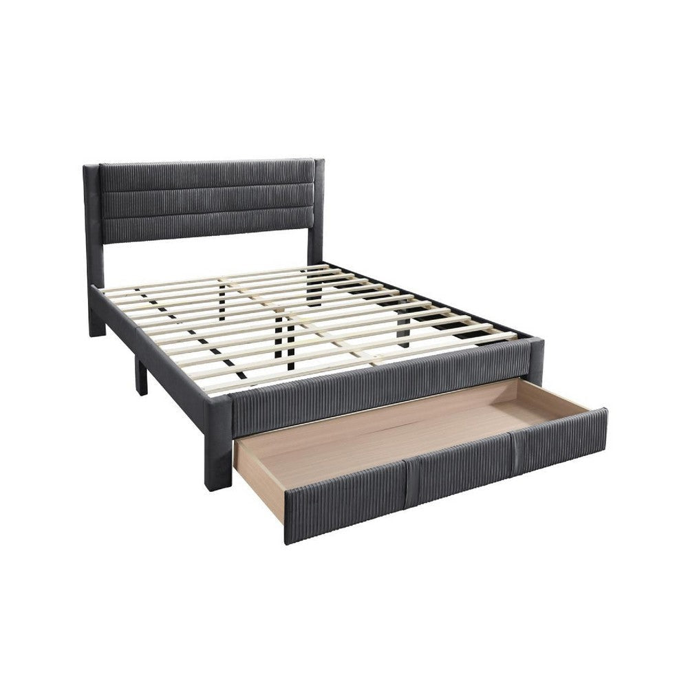 Heo Queen Size Bed w Storage Drawer Dark Gray Corduroy Upholstery