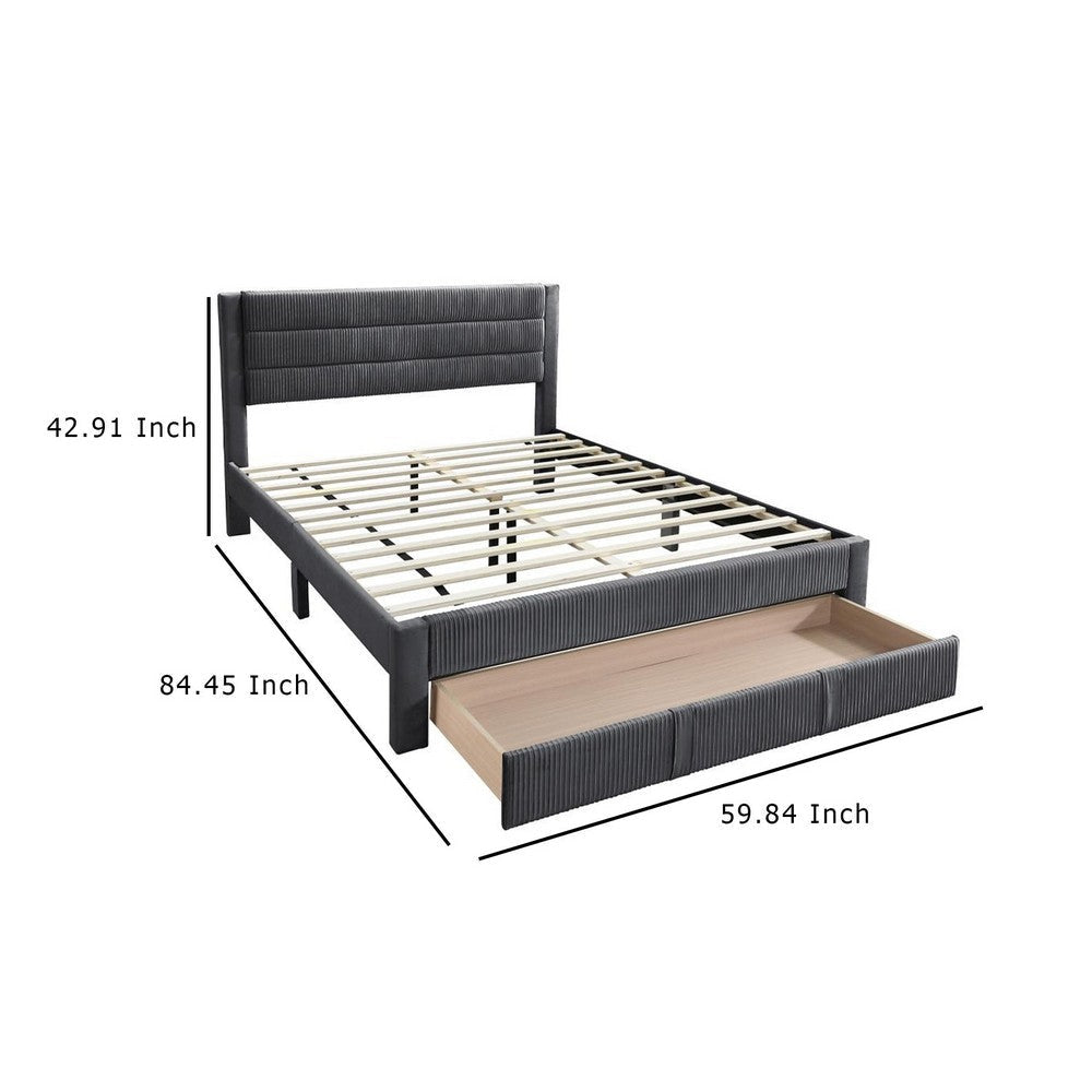 Heo Queen Size Bed w Storage Drawer Dark Gray Corduroy Upholstery