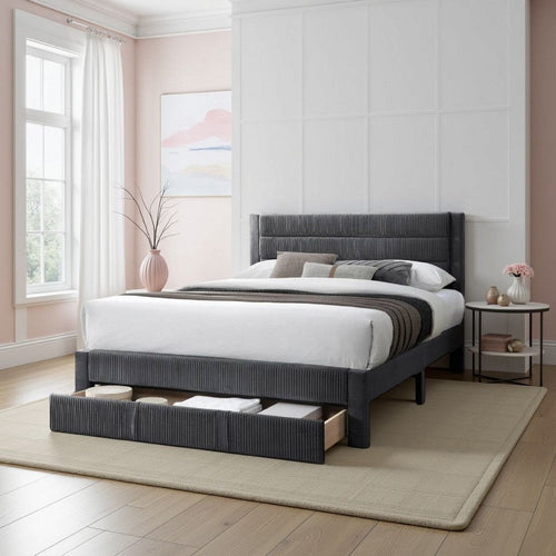 Heo Queen Size Bed w Storage Drawer, Dark Gray Corduroy Upholstery