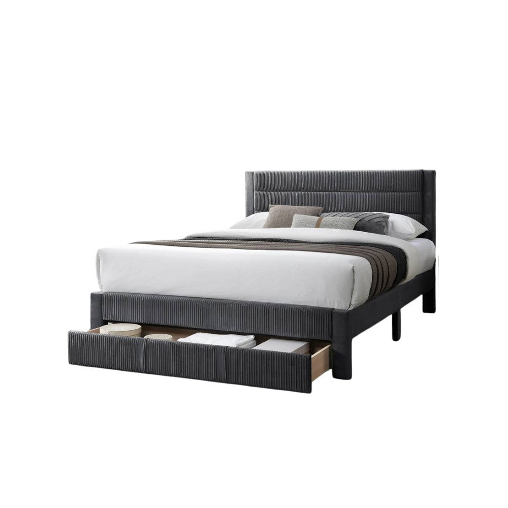 Heo Queen Size Bed w Storage Drawer, Dark Gray Corduroy Upholstery