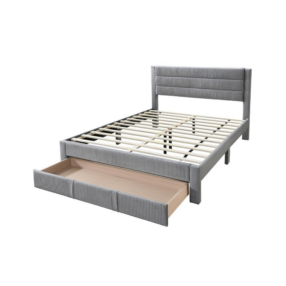 Heo Queen Size Bed w Storage Drawer Light Gray Corduroy Upholstery