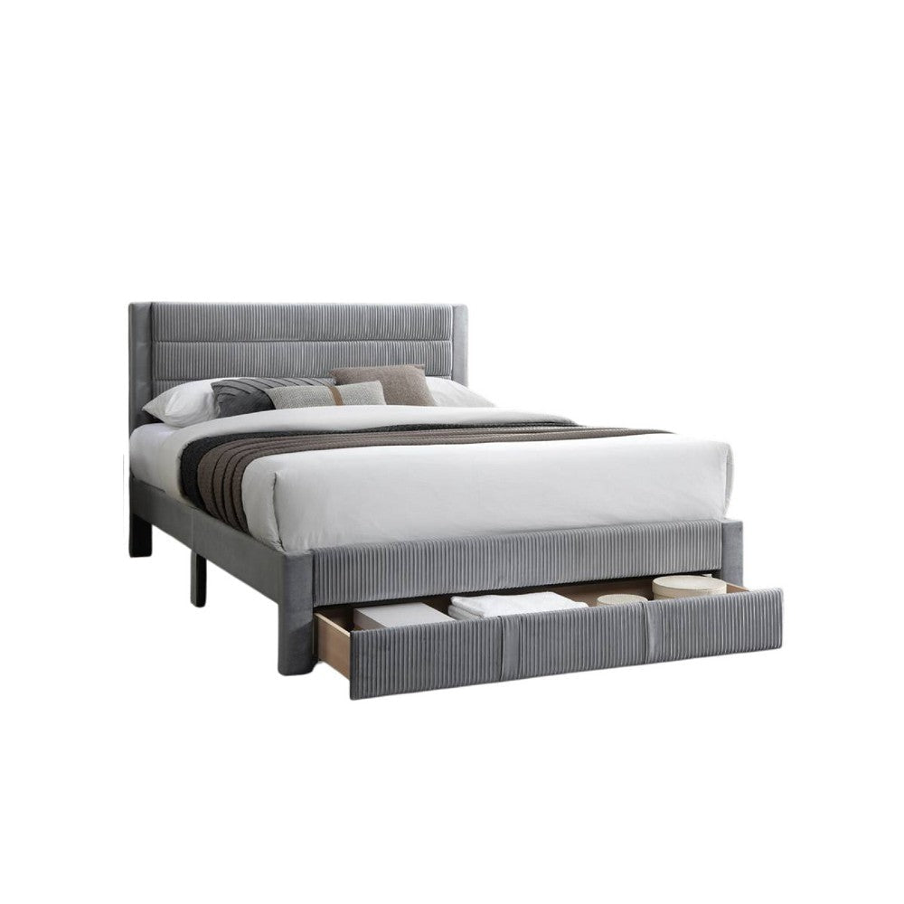 Heo Queen Size Bed w Storage Drawer Light Gray Corduroy Upholstery