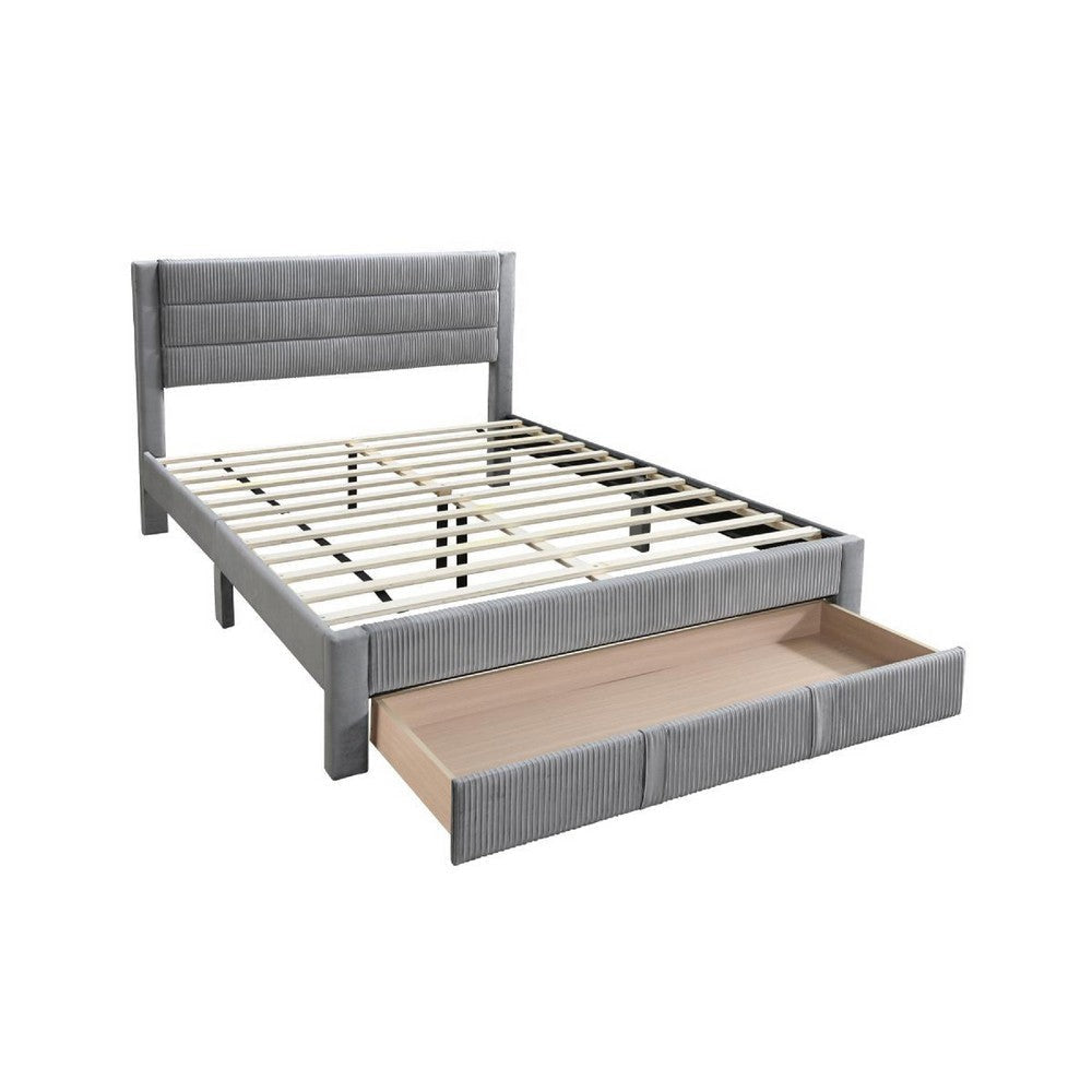 Heo Queen Size Bed w Storage Drawer Light Gray Corduroy Upholstery