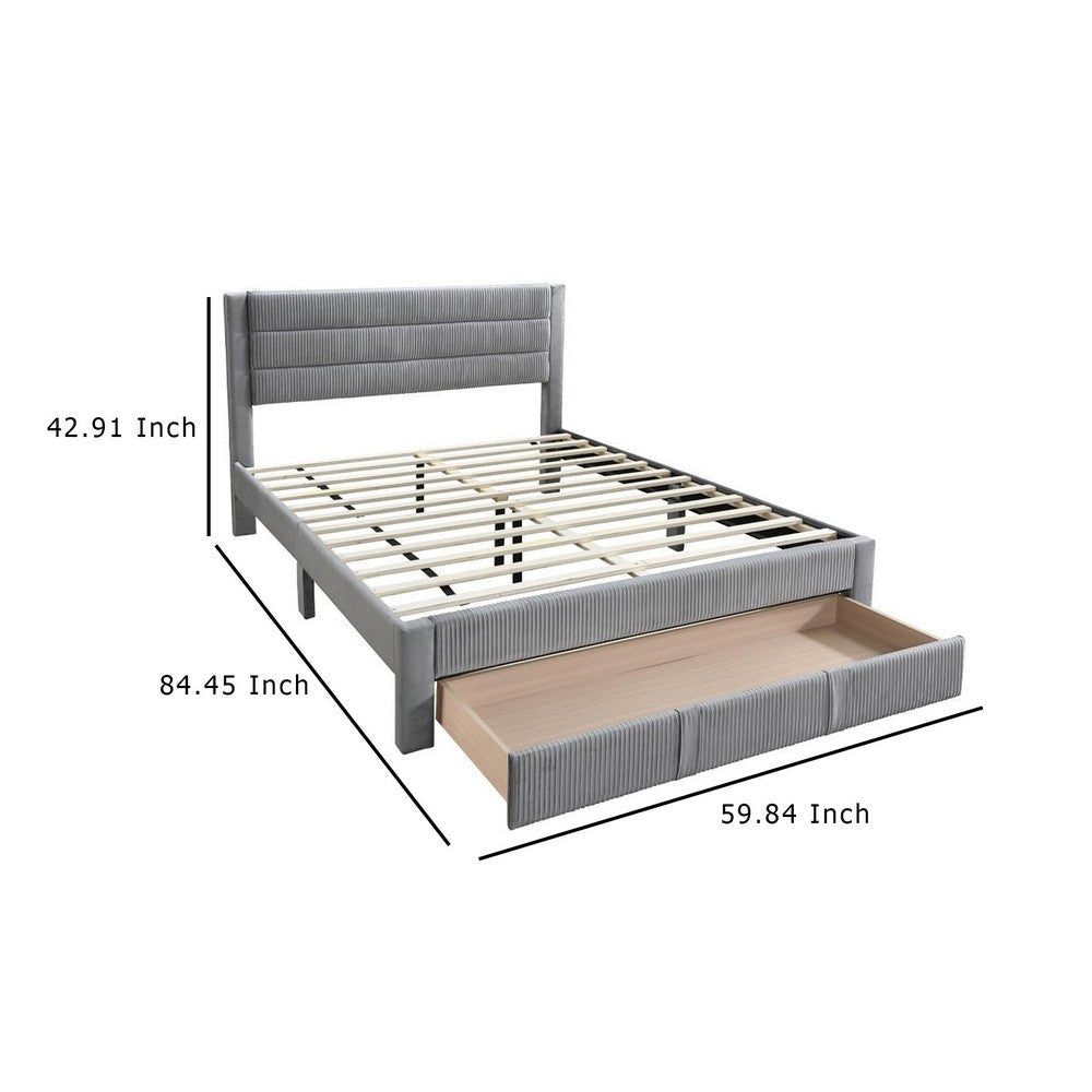 Heo Queen Size Bed w Storage Drawer Light Gray Corduroy Upholstery