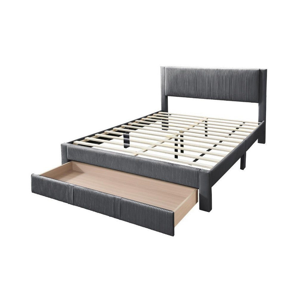Peo Queen Size Bed w Storage Drawer Charcoal Gray Corduroy Upholstery