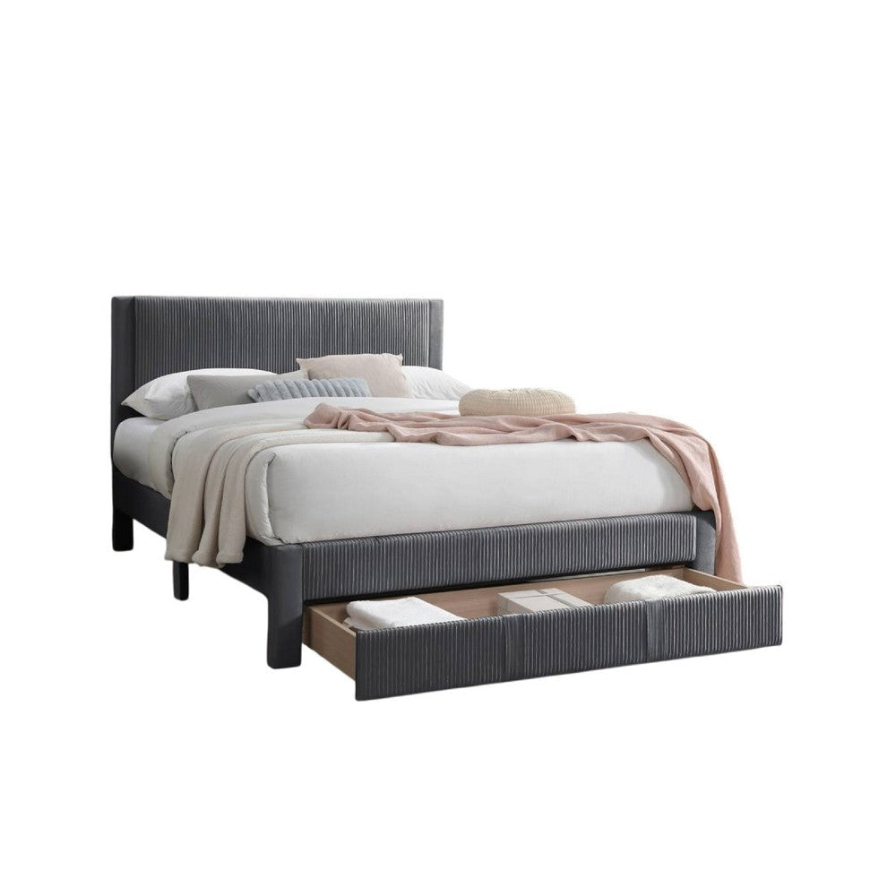 Peo Queen Size Bed w Storage Drawer Charcoal Gray Corduroy Upholstery