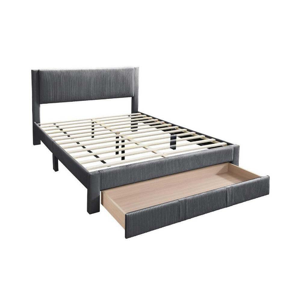 Peo Queen Size Bed w Storage Drawer Charcoal Gray Corduroy Upholstery