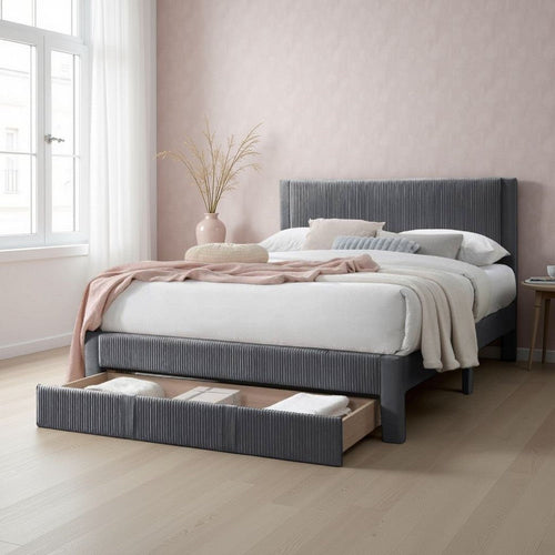 Peo Queen Size Bed w Storage Drawer, Charcoal Gray Corduroy Upholstery