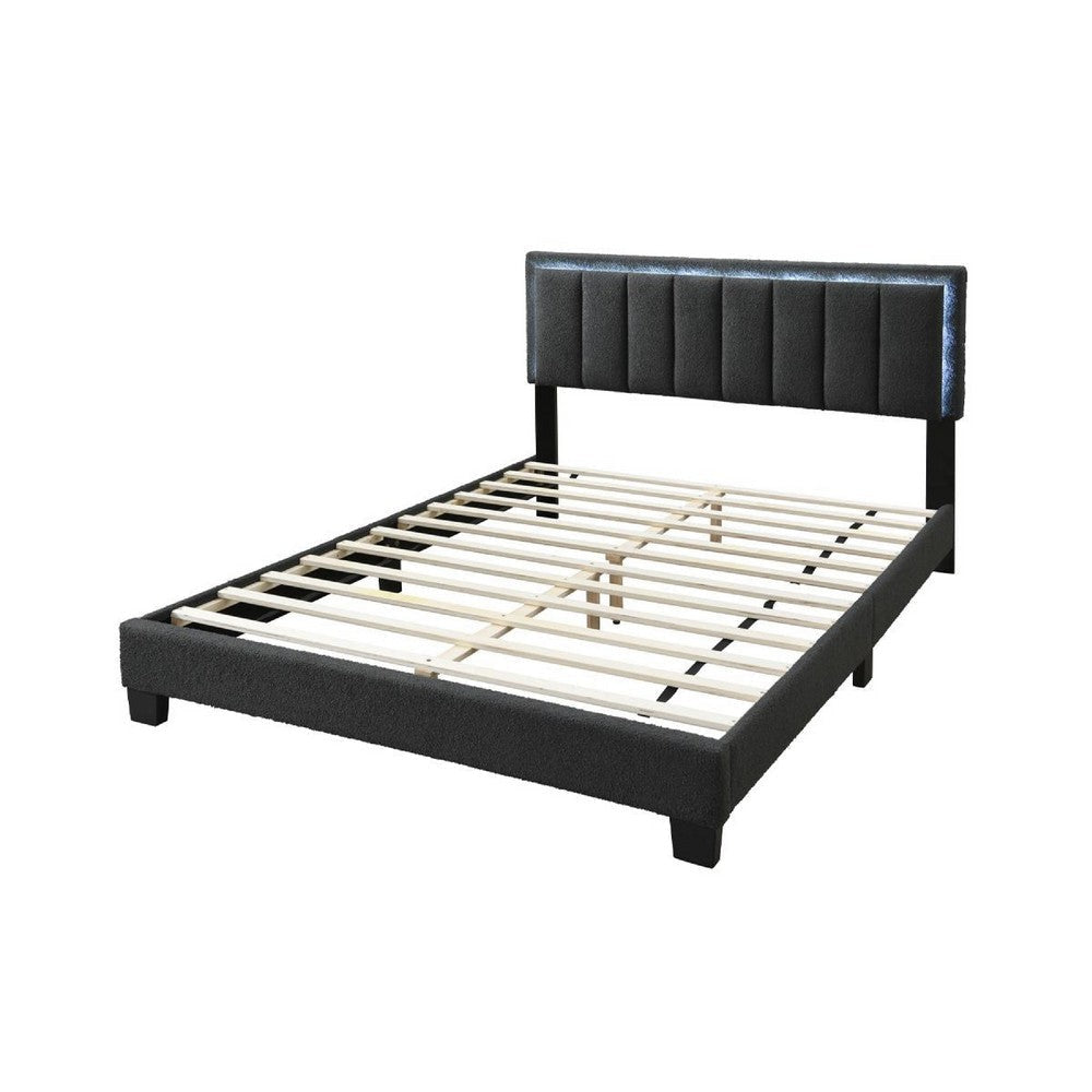Zemo Queen Size Bed LED Headboard Charcoal Gray Wool Upholstery