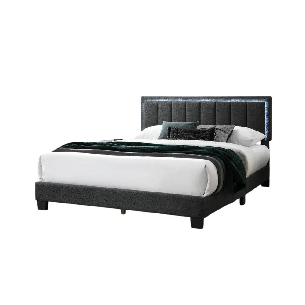 Zemo Queen Size Bed LED Headboard Charcoal Gray Wool Upholstery