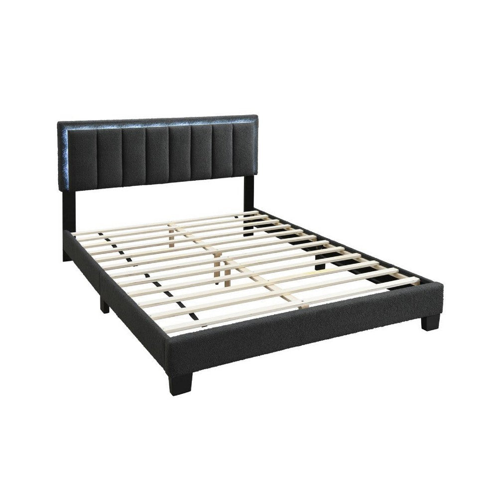 Zemo Queen Size Bed LED Headboard Charcoal Gray Wool Upholstery