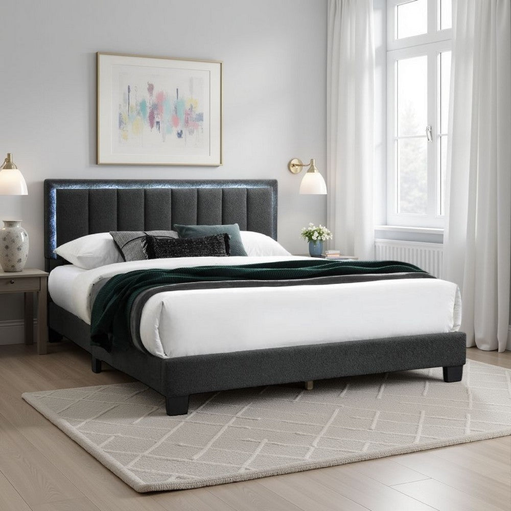 Zemo Queen Size Bed, LED Headboard, Charcoal Gray Wool Upholstery