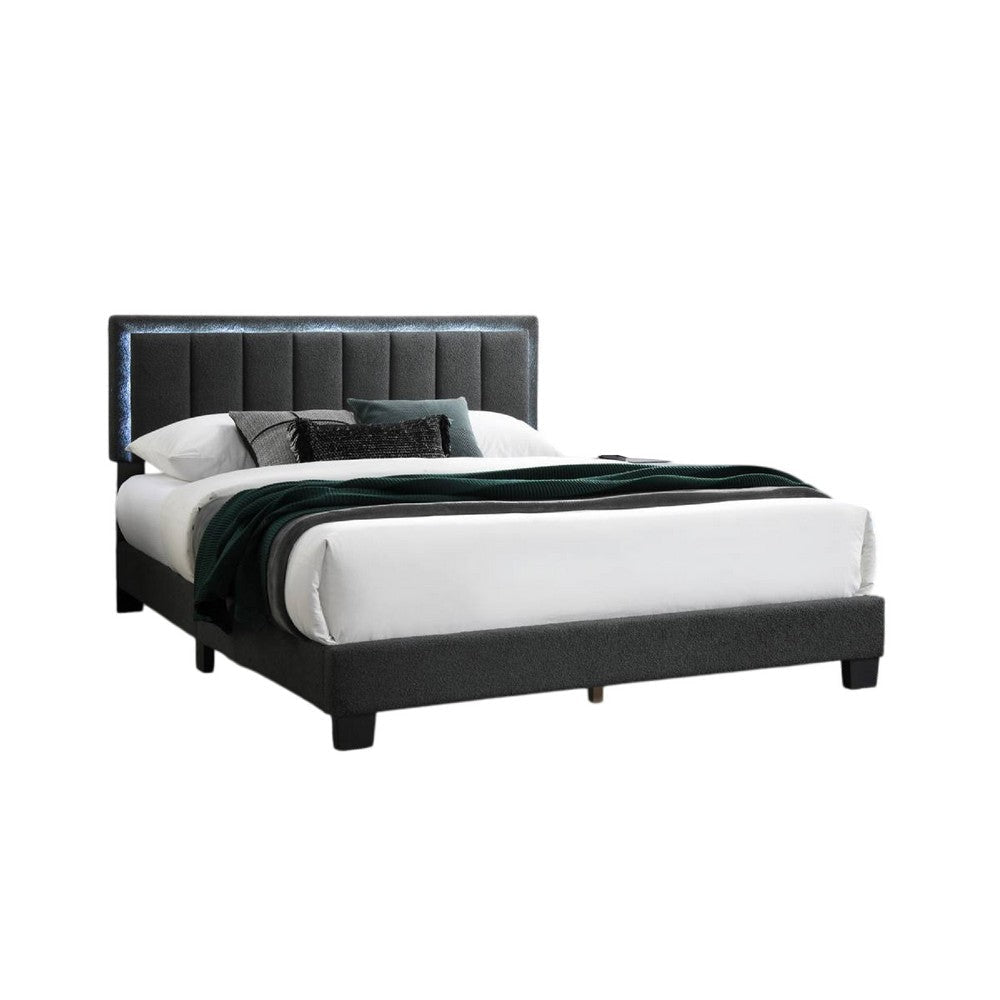Zemo Queen Size Bed, LED Headboard, Charcoal Gray Wool Upholstery 