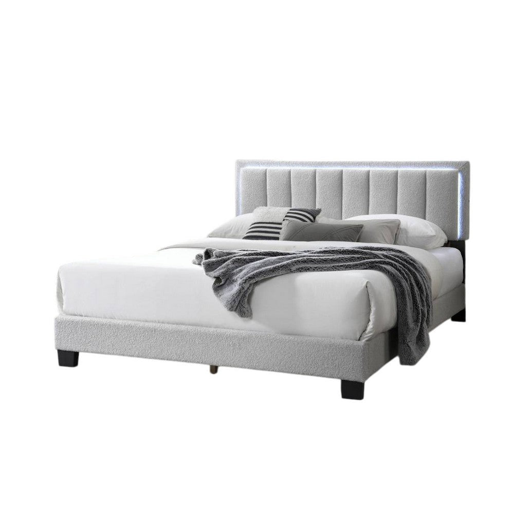 Zemo Queen Size Bed, LED Headboard, Tufted Light Gray Wool Upholstery
