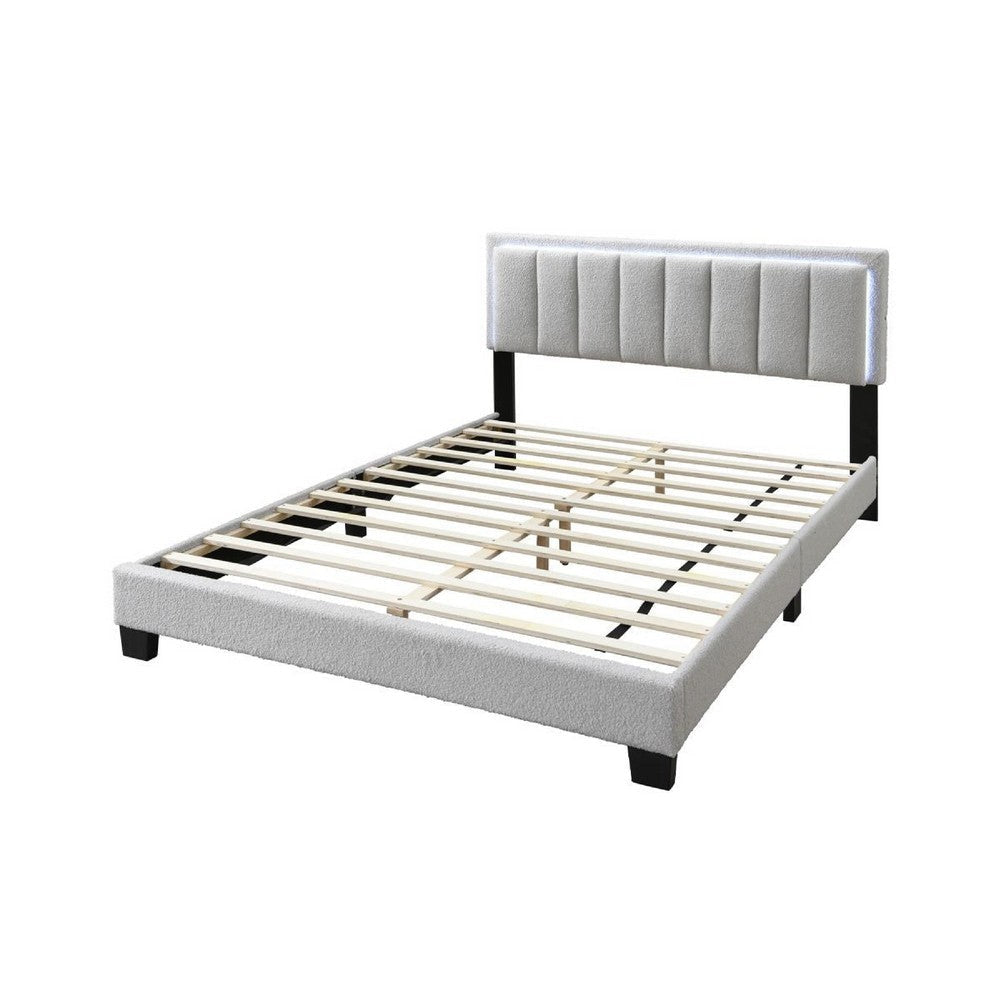 Zemo Queen Size Bed LED Headboard Tufted Light Gray Wool Upholstery