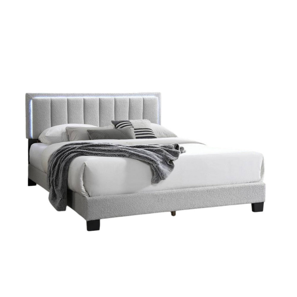 Zemo Queen Size Bed LED Headboard Tufted Light Gray Wool Upholstery