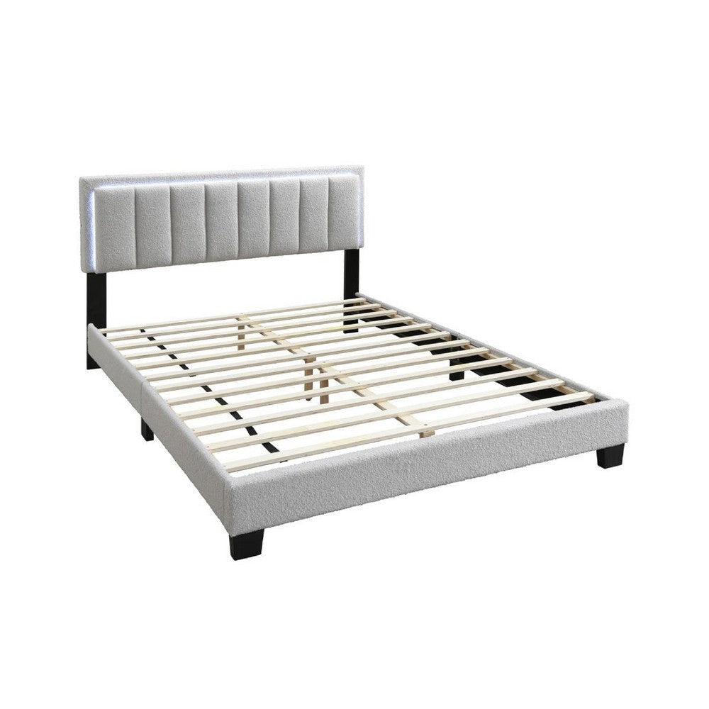 Zemo Queen Size Bed LED Headboard Tufted Light Gray Wool Upholstery