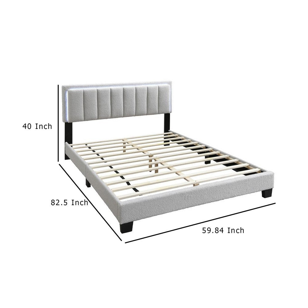 Zemo Queen Size Bed LED Headboard Tufted Light Gray Wool Upholstery