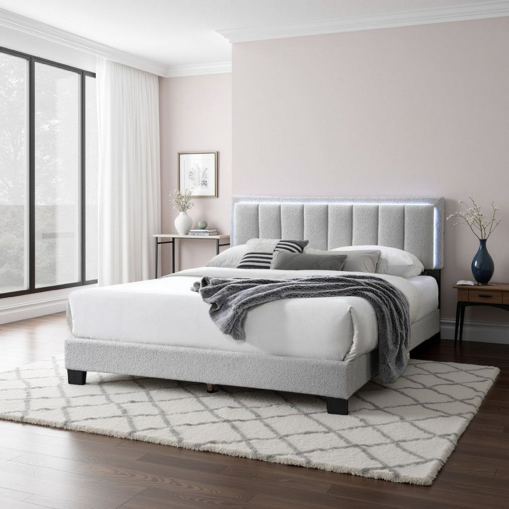 Zemo Queen Size Bed, LED Headboard, Tufted Light Gray Wool Upholstery