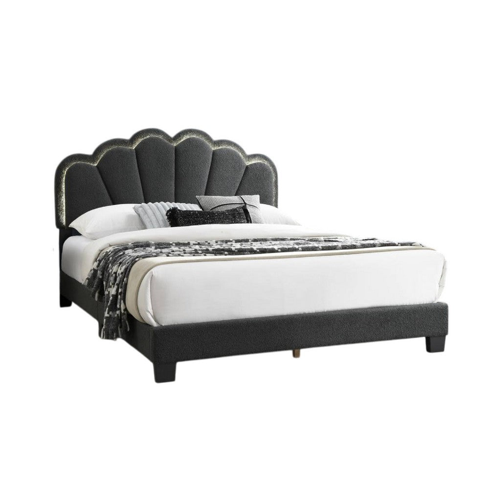 Geny Queen Size Bed Charcoal Gray Wool Upholstery and LED Glam Arch