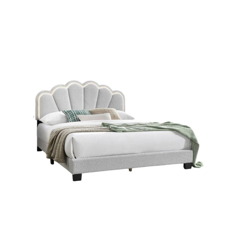 Geny Queen Size Bed Classic White Wool Upholstery and LED Glam Arch