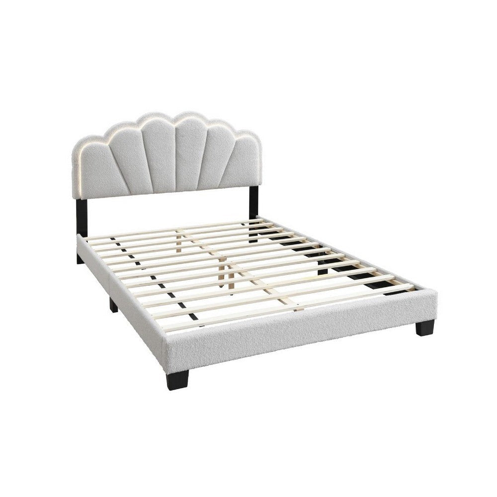 Geny Queen Size Bed Classic White Wool Upholstery and LED Glam Arch