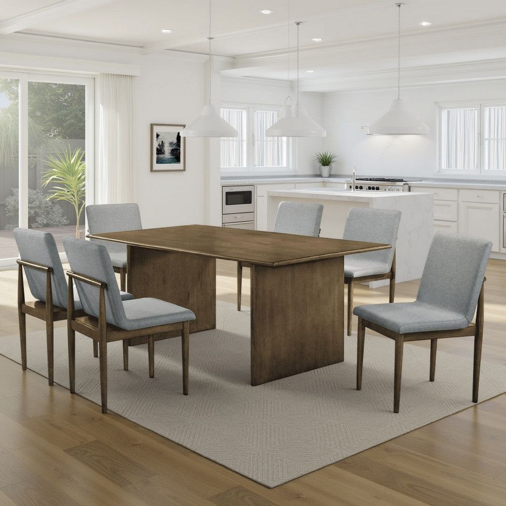 Heln 7pc Dining Table and Chair Set, Light Gray Fabric, Natural Brown