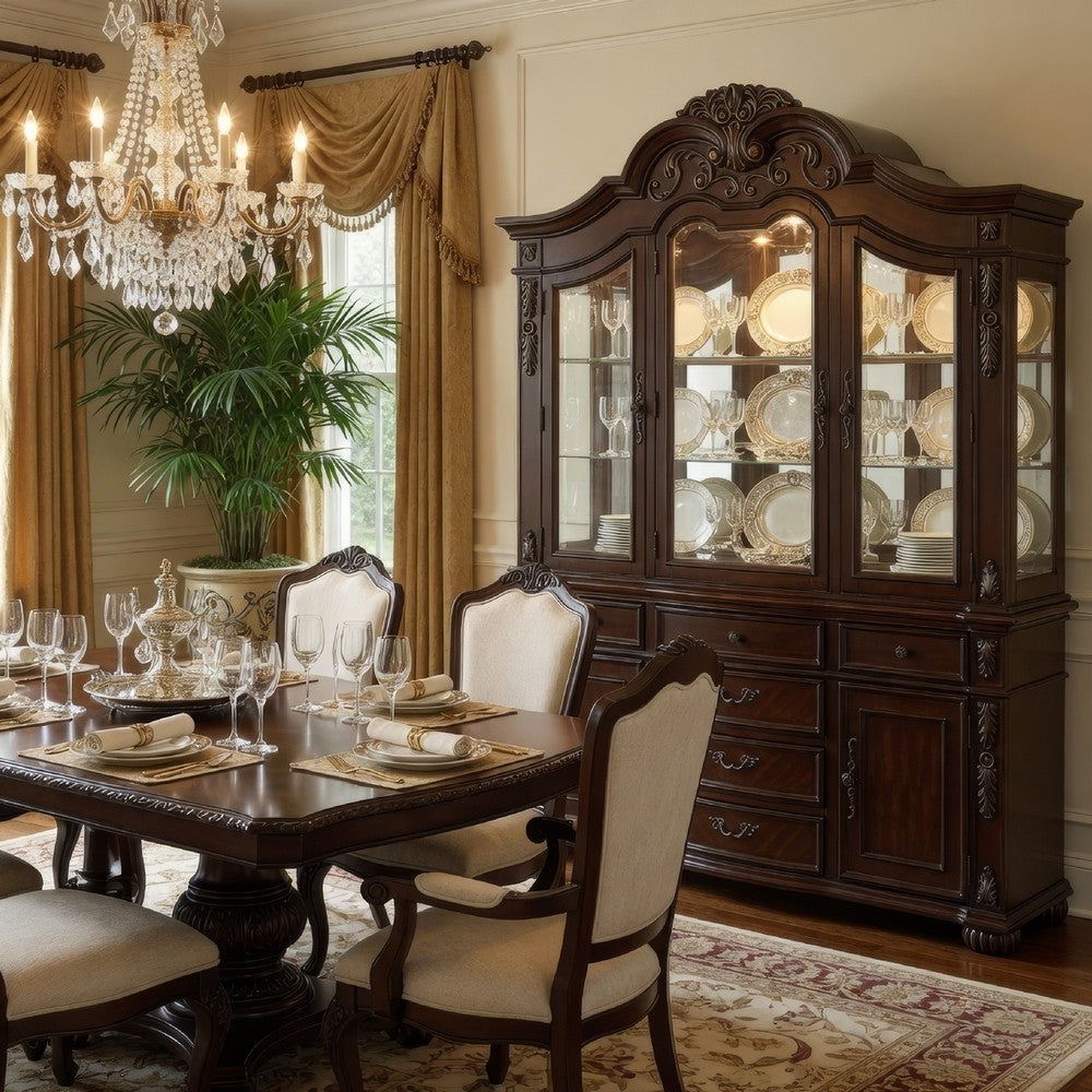 Eva Buffet China Cabinet with Hutch, Baroque Cherry Brown, 87 Inch