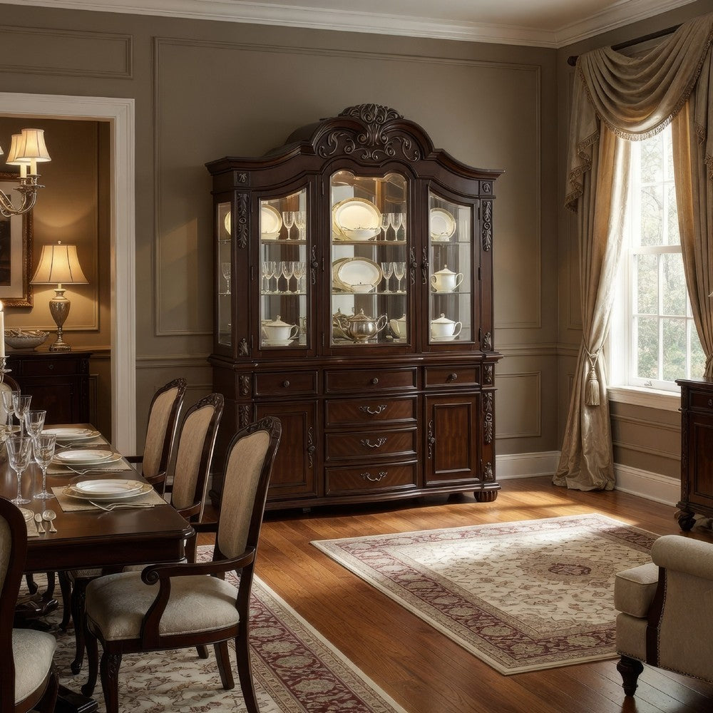 Eva Buffet China Cabinet with Hutch, Baroque Cherry Brown, 87 Inch