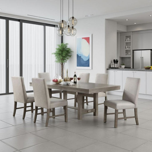 Genu 7pc Dining Table and Chair Set, 66-84 Extendable Top, Gray Fabric