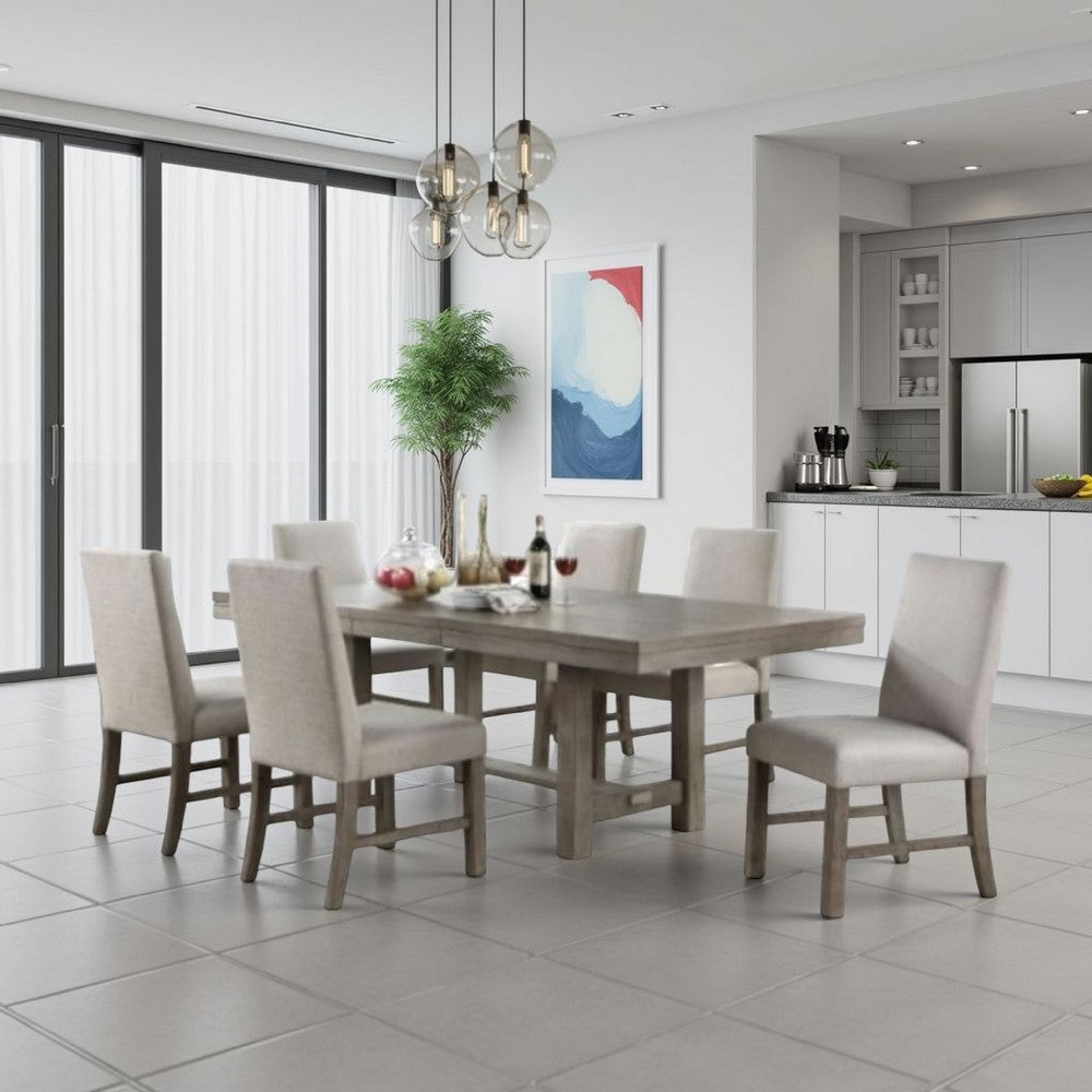 Genu 7pc Dining Table and Chair Set, 66-84 Extendable Top, Gray Fabric