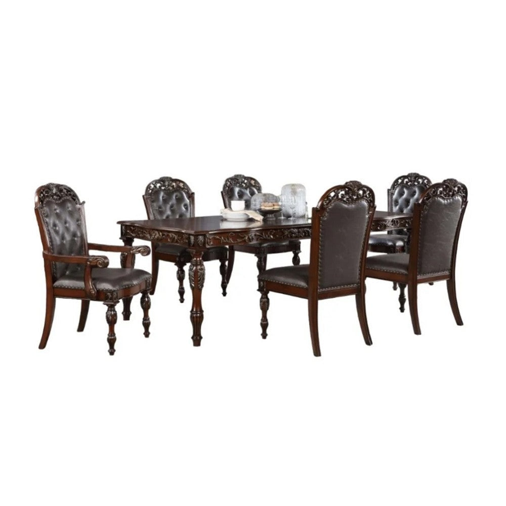 Eva 7pc Dining Table and Chair Set, Brown Faux Leather, 72-93 Inch