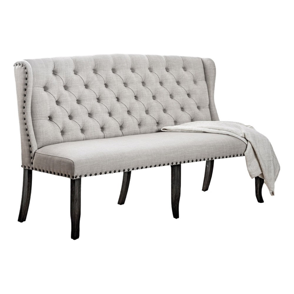 Bega 6pc Dining Table Bench Wingback Chair Set Beige Black Wood BM332462